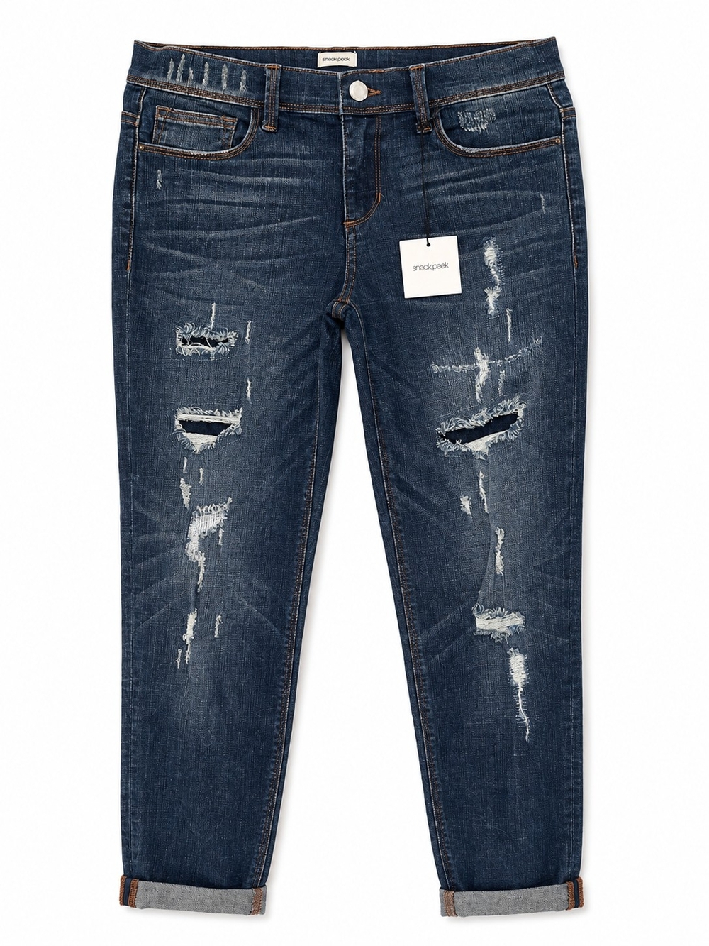 Sneak Peak Distressed Dark Wash Boyfriend Jeans - Dark Blue